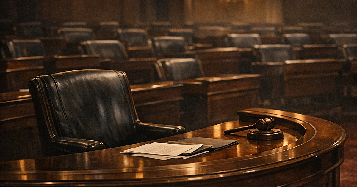 Empty leather chair at Senate desk with gavel in dimly lit chamber, symbolizing departed lawmaker's legacy