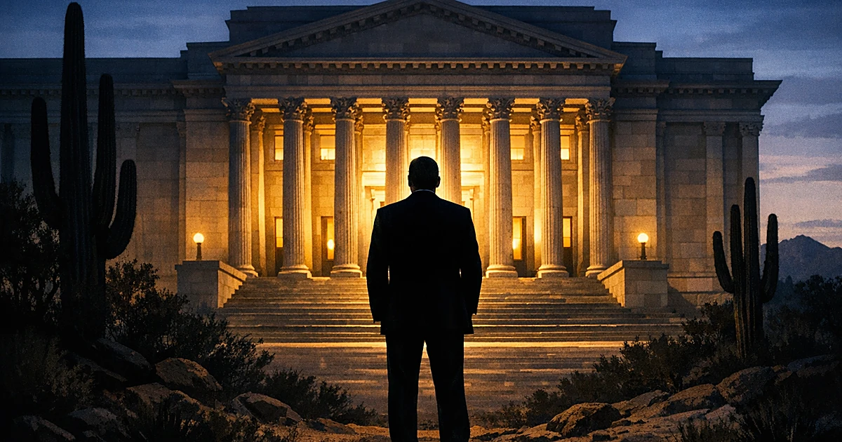Silhouetted figure facing illuminated government building columns at dusk with Arizona desert in foreground