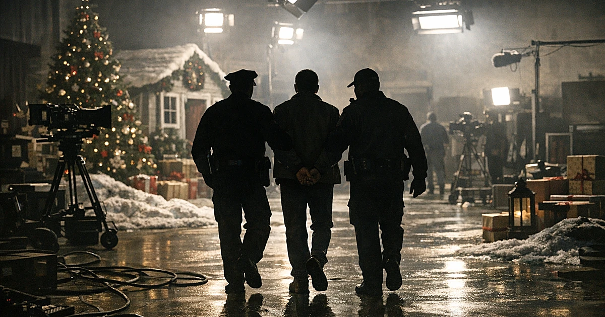 Silhouetted law enforcement officers escorting person away from Christmas movie set with cameras and holiday decorations