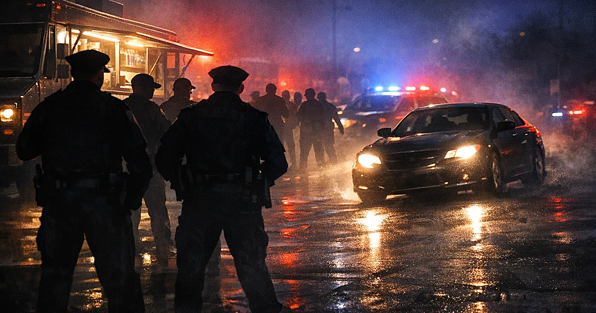 Silhouettes of police officers near food truck at night as vehicle headlights approach with emergency lights flashing