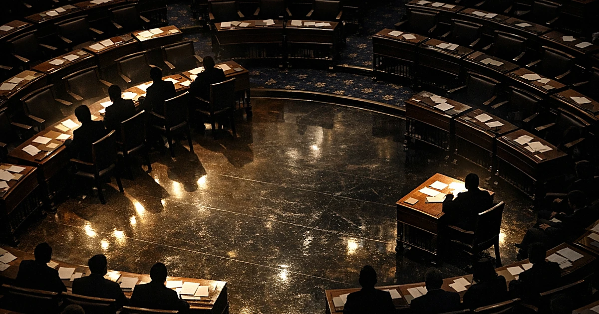 Overhead view of Senate chamber with illuminated desks showing divided vote pattern, figures shown only as shadows