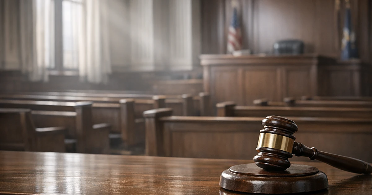Empty courthouse interior with wooden benches and gavel in soft natural lighting