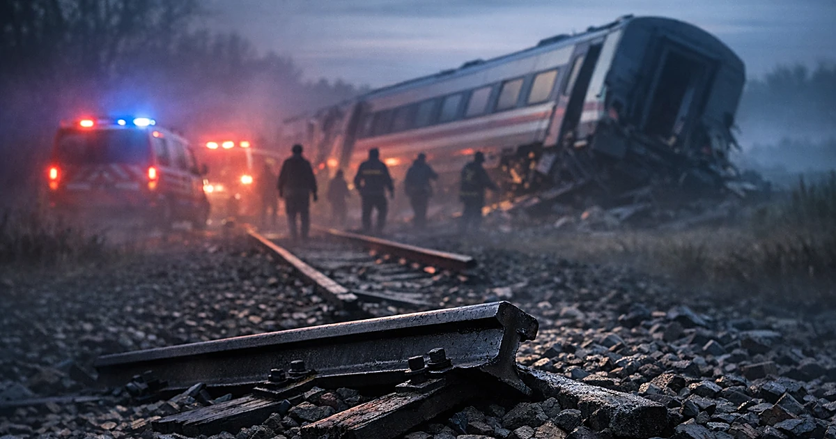 Derailed train car tilted off tracks with displaced rail section in foreground and emergency responders as silhouettes