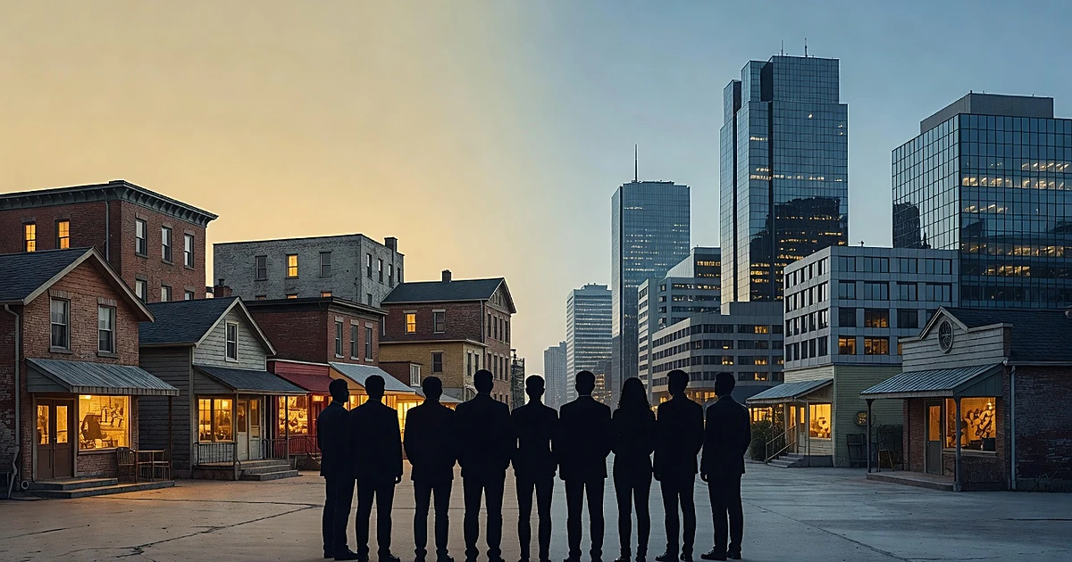 Silhouetted figures stand between contrasting landscapes of small businesses and corporate towers