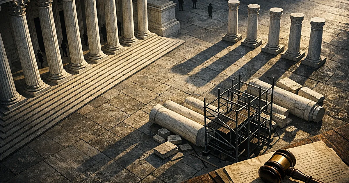 Aerial view of courthouse with nine columns and additional columns waiting on scaffolding suggesting court expansion