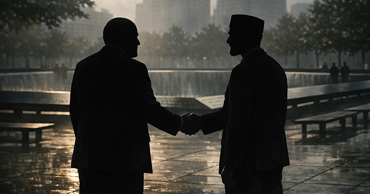 Two silhouetted figures in suits shake hands at a memorial plaza with reflecting pools in the background
