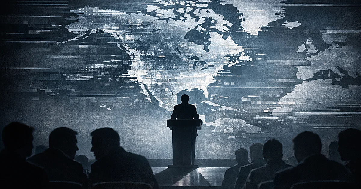 Silhouetted speaker at podium with distorted North American map projection, audience figures conversing in foreground