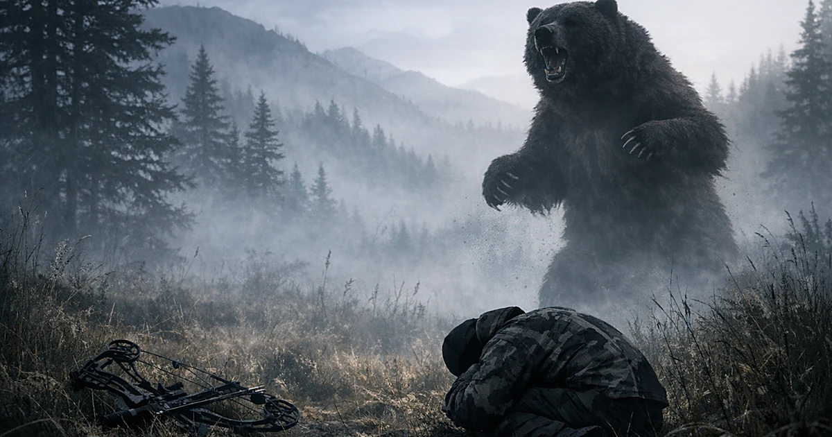 Silhouetted hunter in fetal position as grizzly bear rears up in misty Montana wilderness with abandoned bow