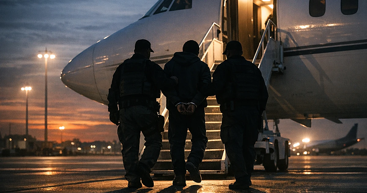 Silhouetted handcuffed person being escorted up aircraft stairs by officers at dusk on airport tarmac