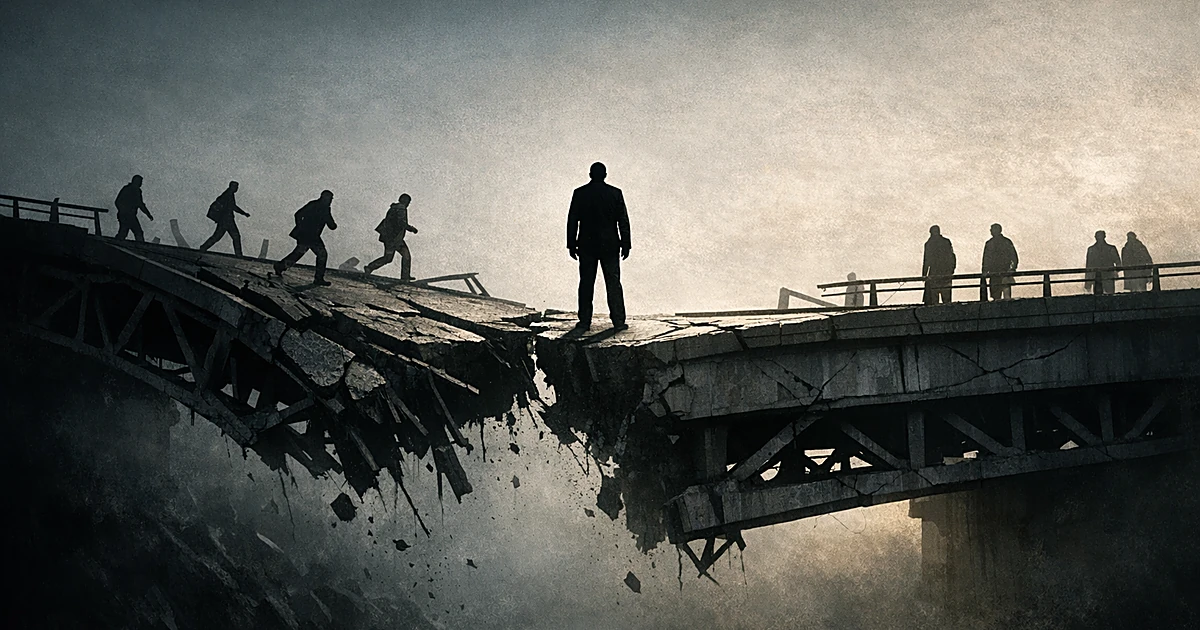 Silhouetted figure on cracking bridge splitting apart with people moving away on fractured left side