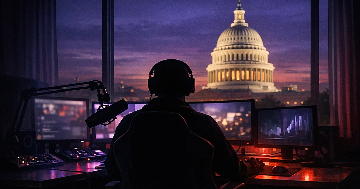 Silhouette at streaming desk with monitors facing Capitol dome visible through window at twilight
