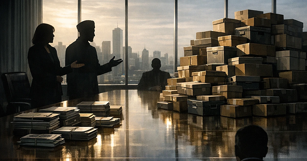 Silhouetted officials at conference table with documents facing large pile of unopened boxes in urban office setting