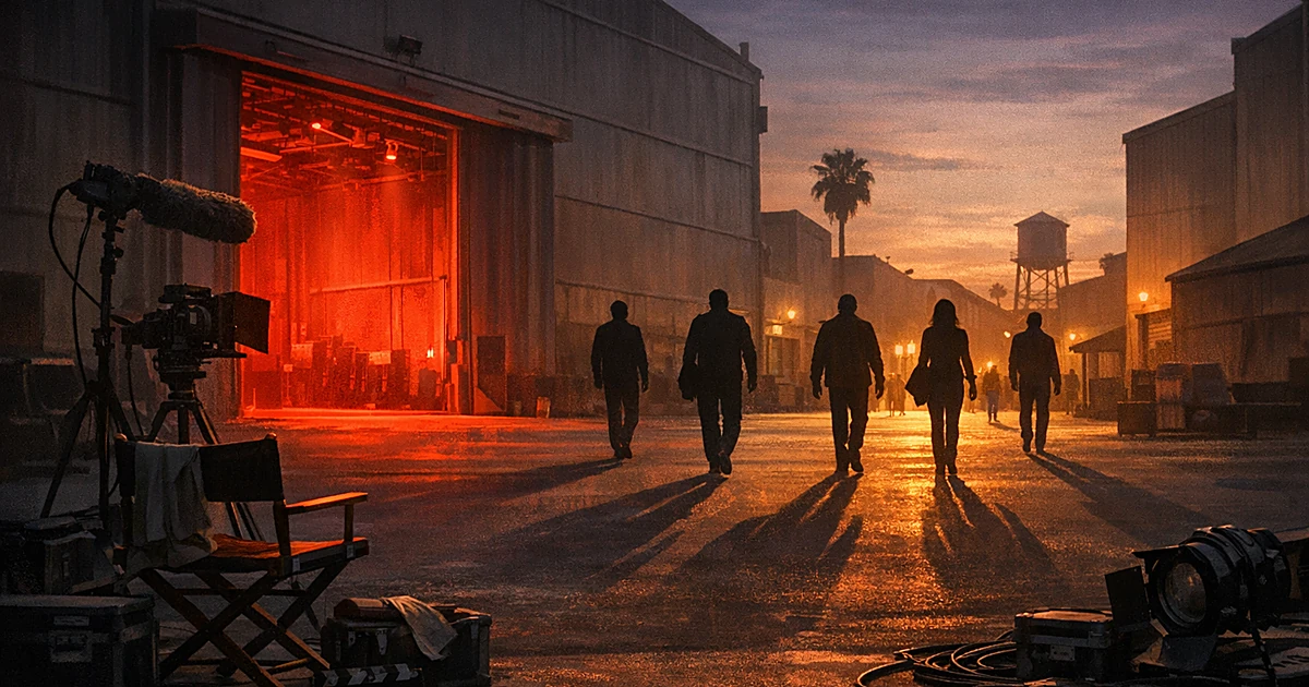 Silhouettes of people walking away from a film studio soundstage glowing with red light at dusk