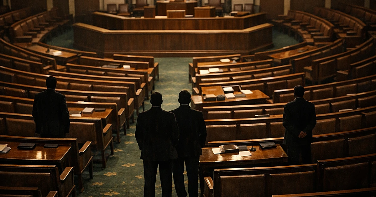 Legislative chamber with rows of wooden desks and silhouetted figures standing in aisles after a congressional vote