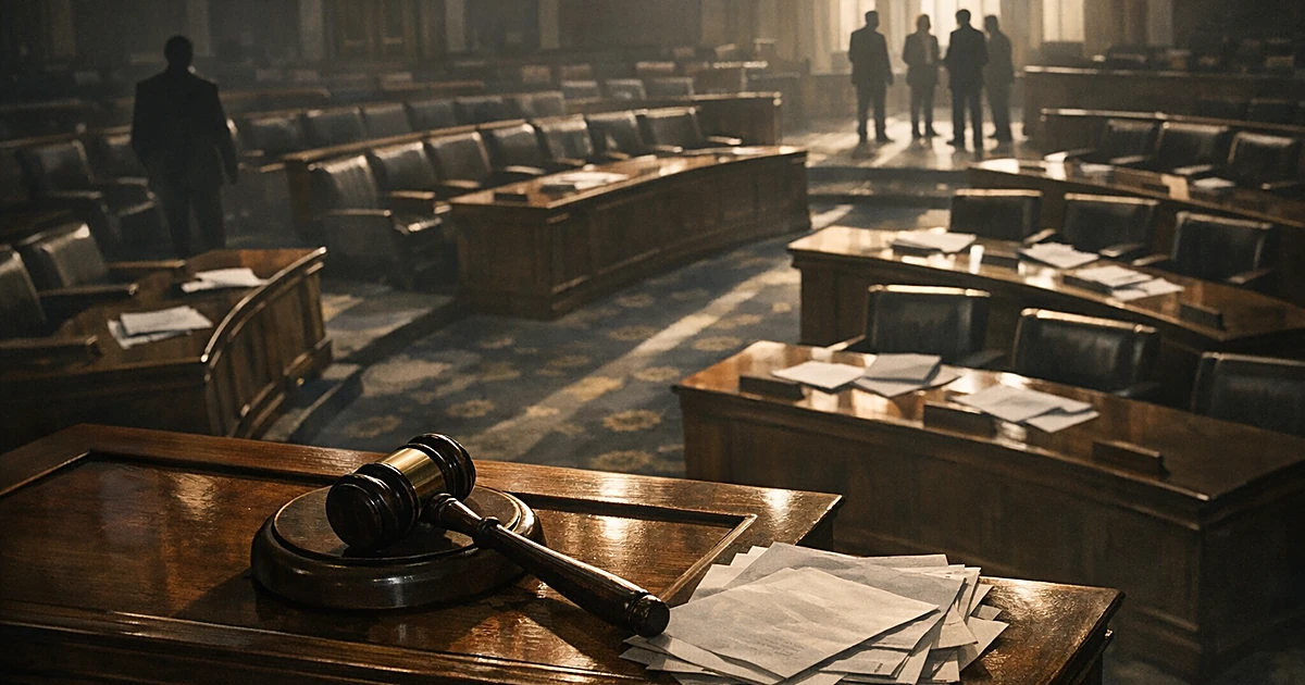 Empty legislative chamber with abandoned desks and a gavel on podium, lit by harsh window light creating shadows