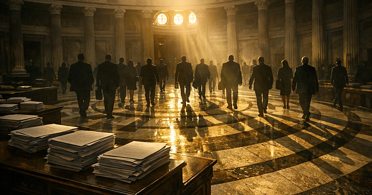 Overhead view of Capitol rotunda with silhouetted legislators and legislative documents on desks below streaming light