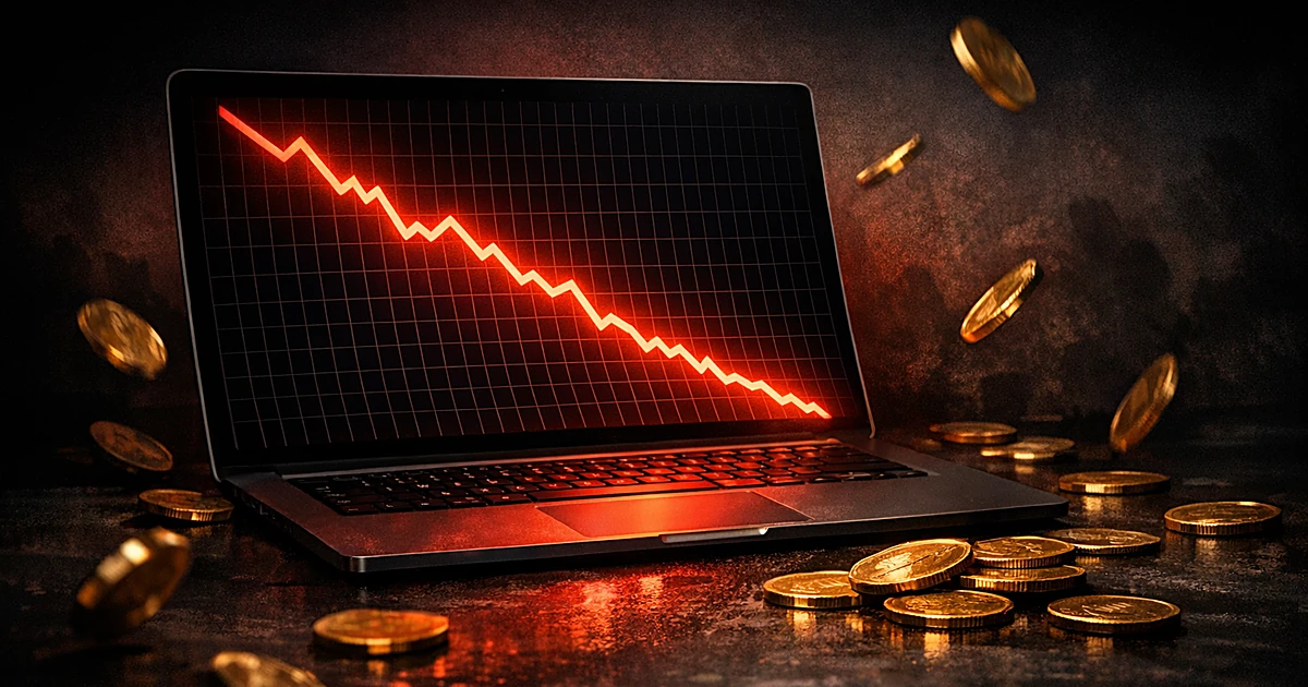 Laptop displaying plummeting red graph with gold coins falling around it in dramatic lighting