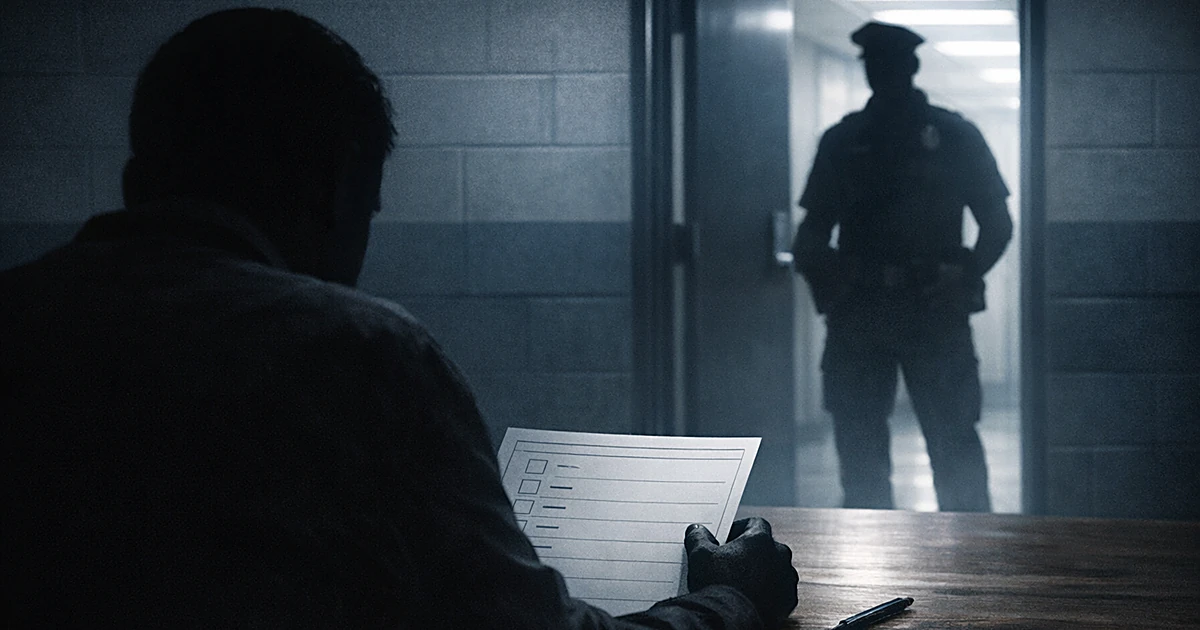 Silhouetted person at table with ballot paper as officer figure stands in backlit doorway of institutional room