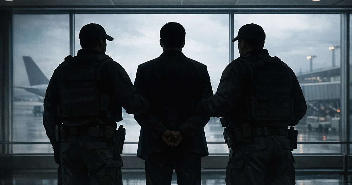 Silhouetted person flanked by two officers in an airport terminal with planes visible through windows