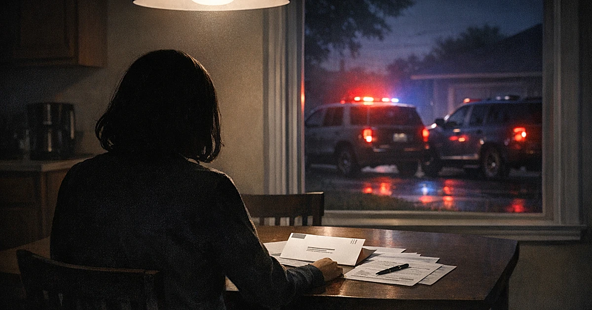 Silhouette of person at table with ballot materials as law enforcement vehicles wait outside residential window