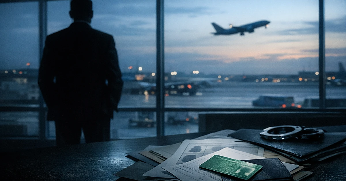 Silhouetted figure at airport terminal with scattered immigration documents and green card on desk in foreground