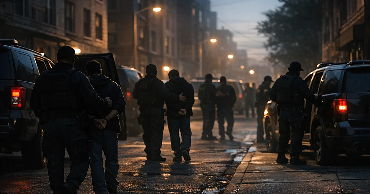 Silhouetted law enforcement figures escort people toward vehicles on a residential street at dusk