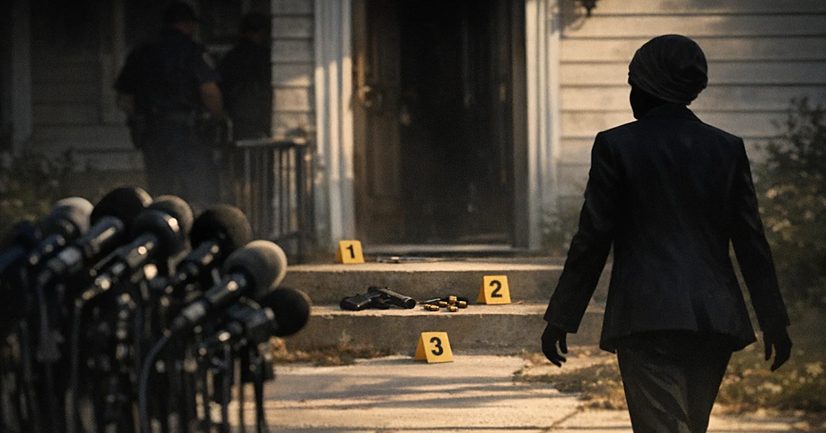 Silhouetted figure walking away from microphones near residential doorway with police evidence markers on steps