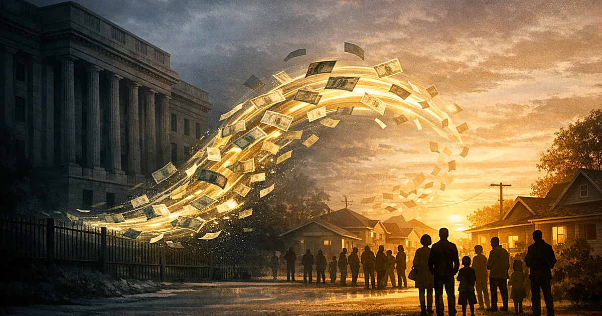 Resources flowing from shadowed government building toward illuminated community with silhouetted residents