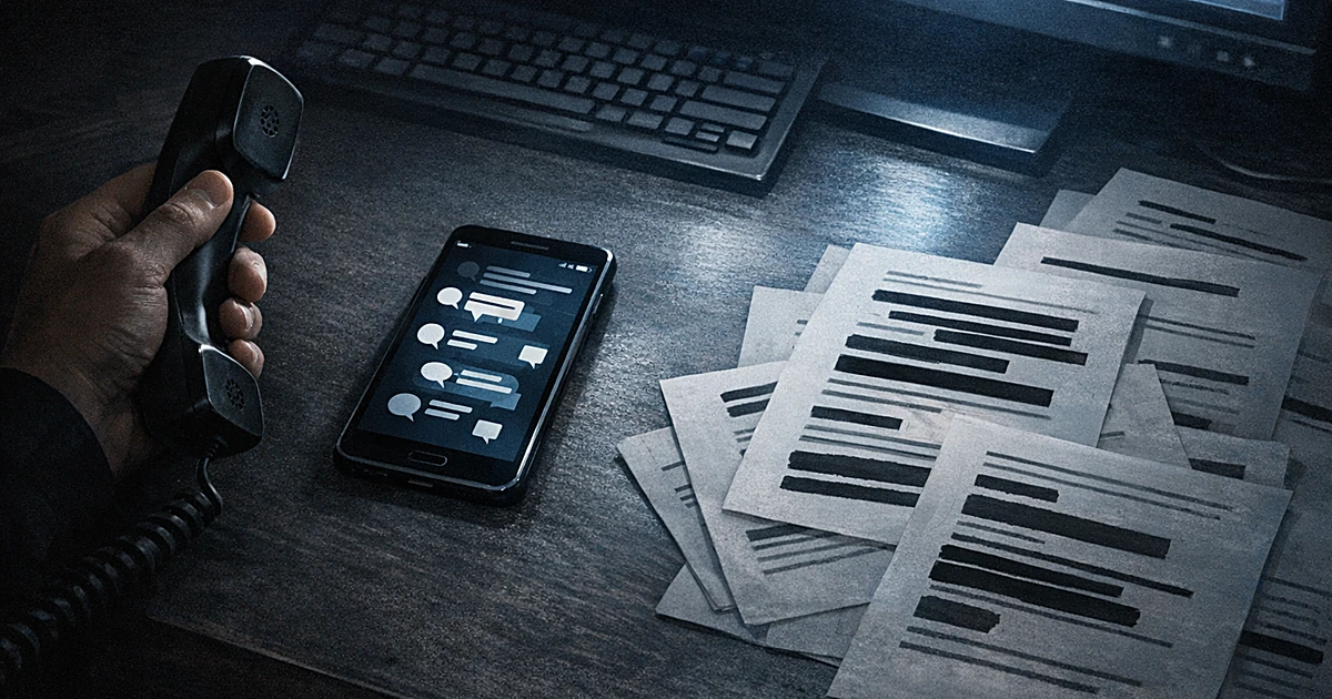 Overhead view of desk with phones showing social media, surrounded by redacted documents in dim office lighting