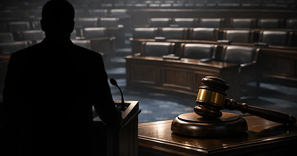 Silhouetted figure at podium facing empty legislative chamber with gavel on desk in dramatic lighting