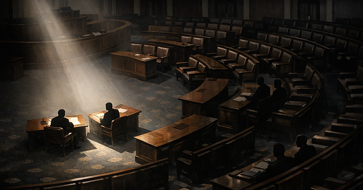 Two illuminated desks separated from their section in a darkened legislative chamber, angled toward the opposite side