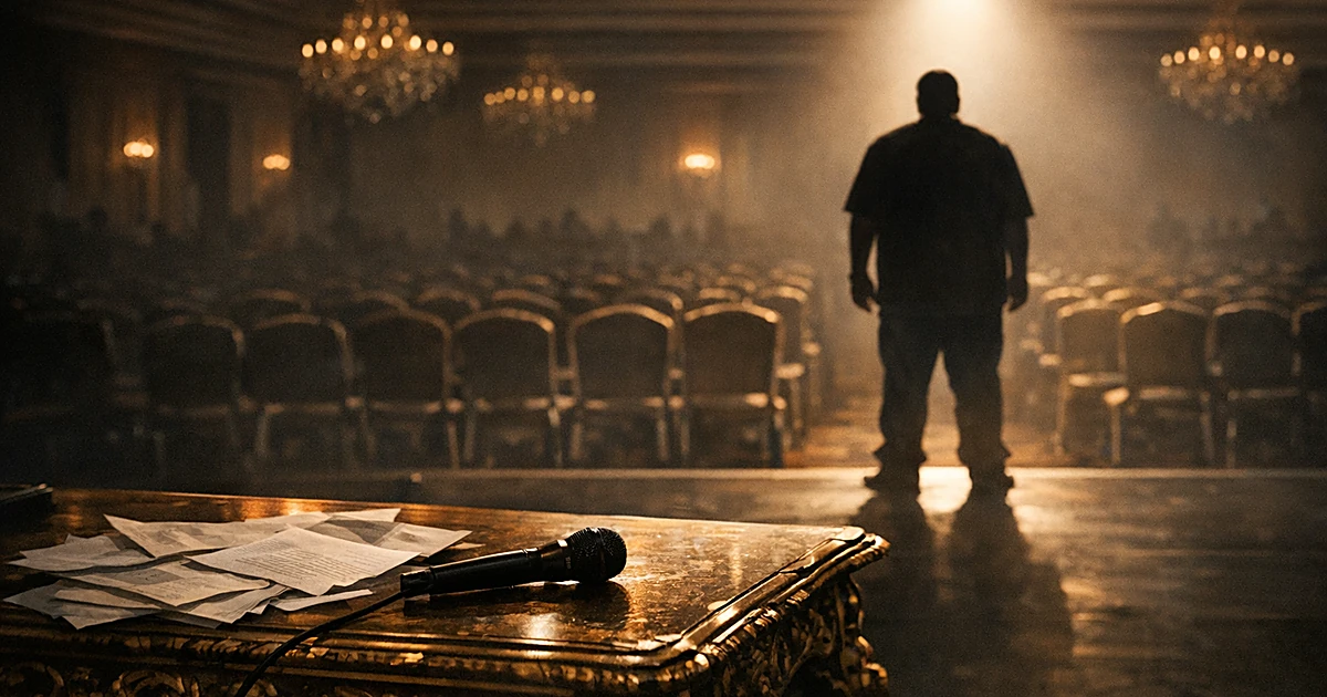Silhouetted performer on empty stage with spotlight and vacant chairs in darkened ballroom with abandoned microphone
