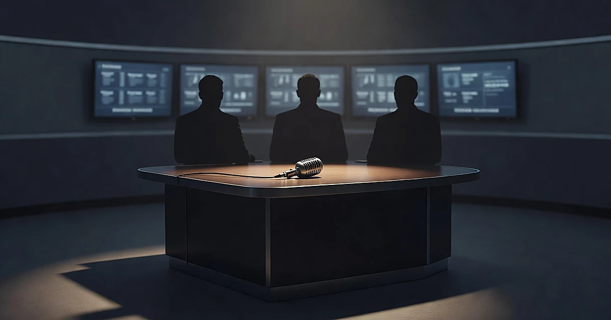 Silhouetted figures at TV studio desk with glowing monitors in background, suggesting political commentary setting