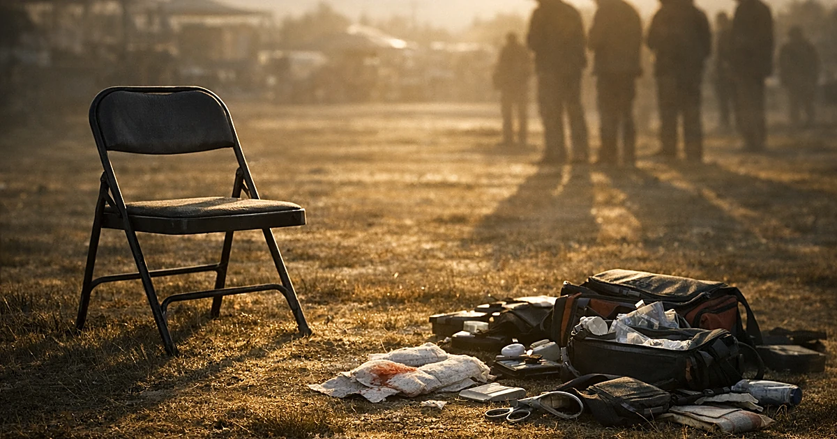 Empty chair on grass with scattered medical items and distant silhouettes of people standing in somber afternoon light