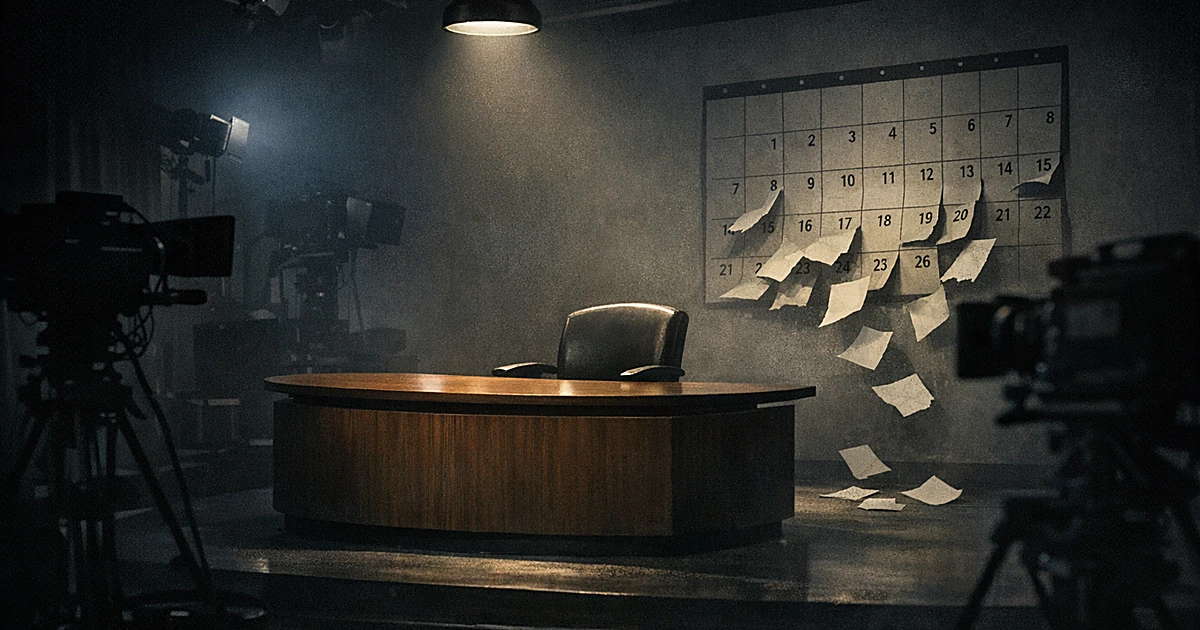 Empty late-night talk show desk under spotlight in dark studio with calendar pages falling in background
