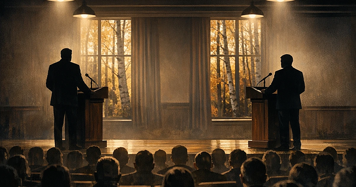 Two silhouetted candidates at podiums facing audience in New Hampshire town hall setting
