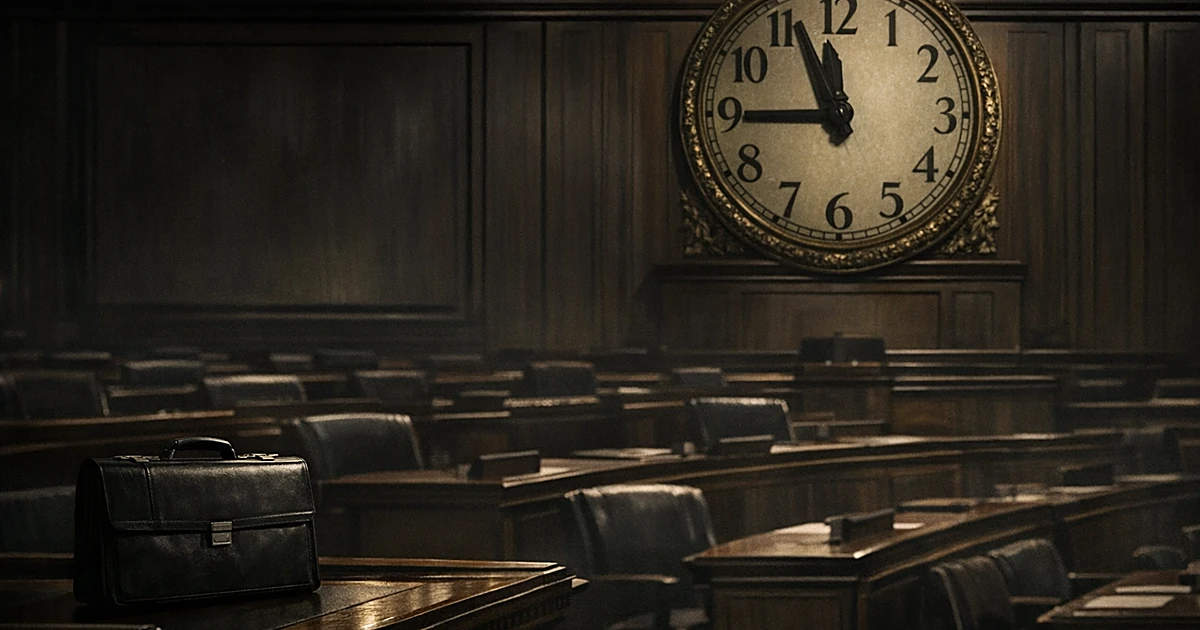 Empty legislative chamber with clock showing late hours and abandoned briefcase on desk amid vacant seats