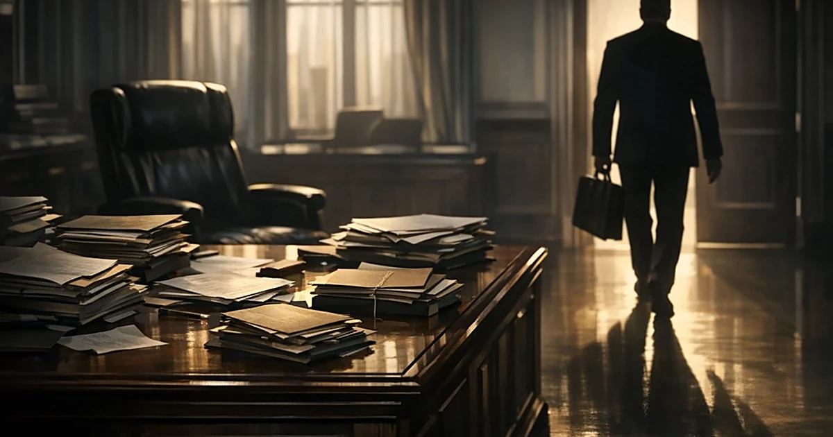 Silhouetted figure walking away from desk with scattered files in dim government office