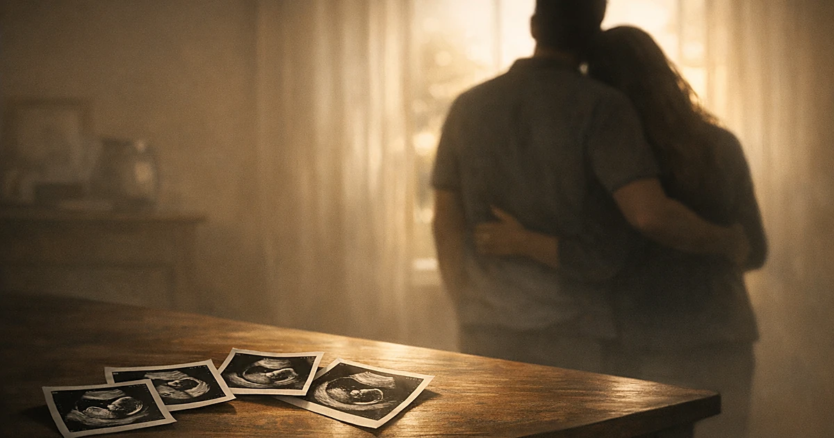 Silhouetted couple embracing from behind in home with ultrasound images on table and warm window light