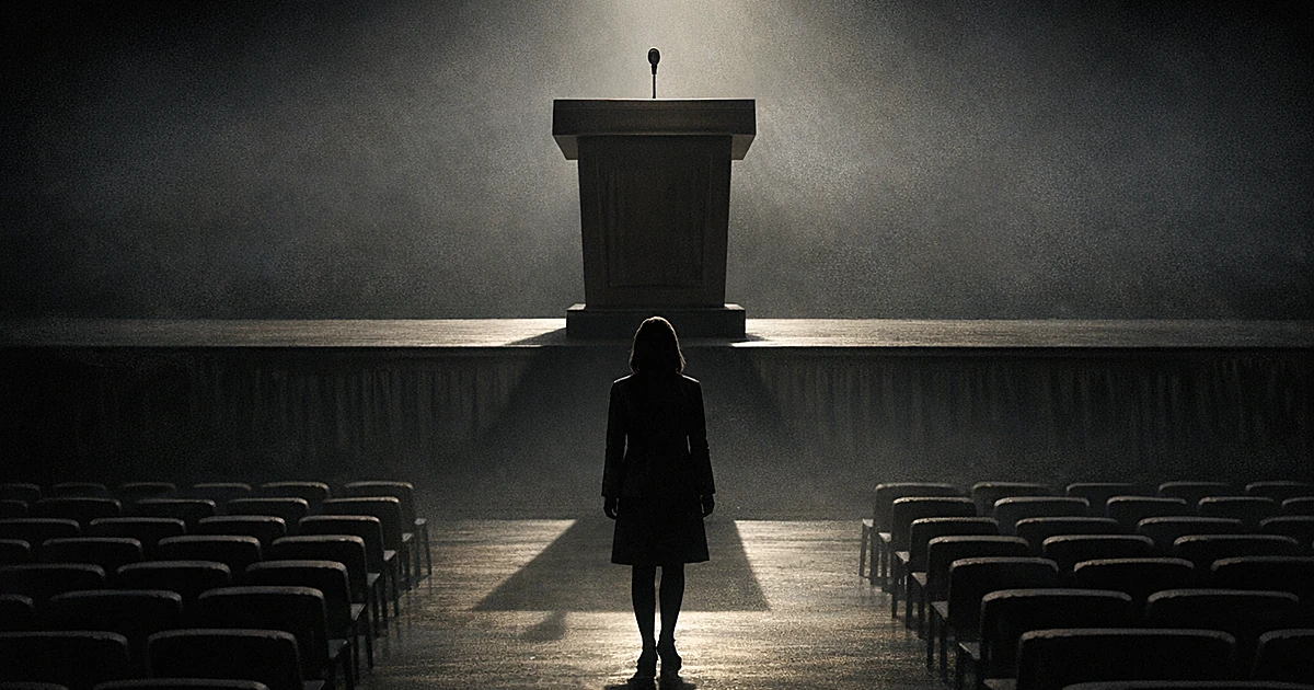 Silhouetted figure facing empty presidential podium on dark stage with spotlight and rows of vacant chairs