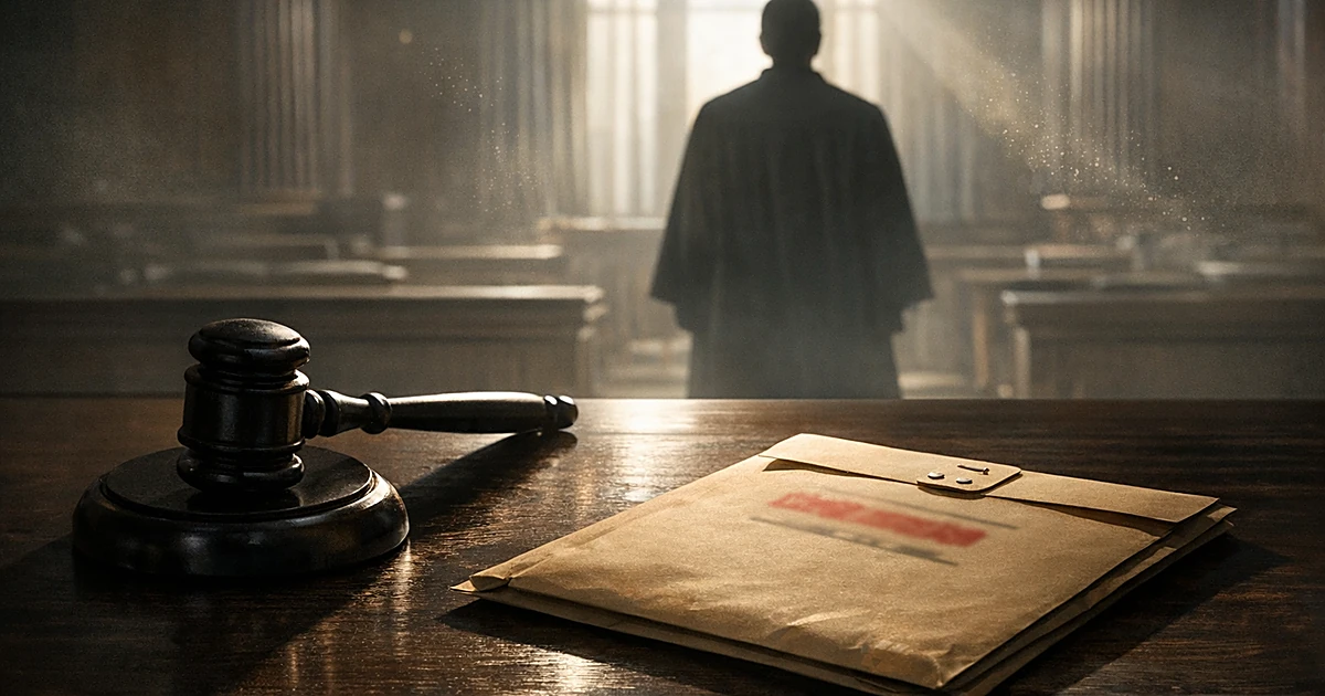 Gavel on bench beside sealed classified folder in empty courtroom with silhouetted judge figure
