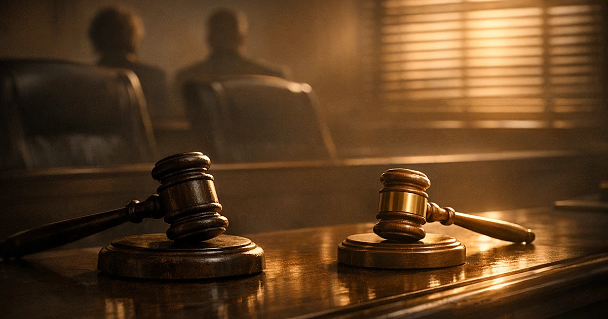 Two wooden gavels on a courtroom bench, one passing to another, symbolizing generational transition in justice