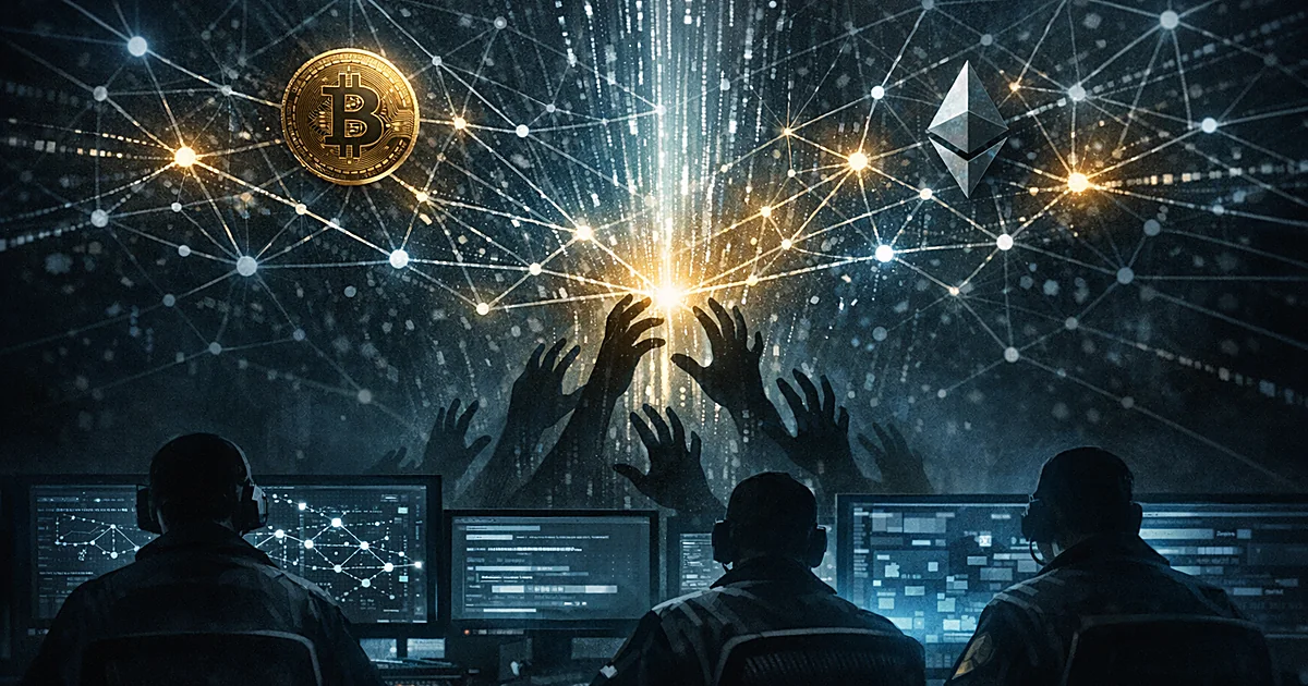 Silhouetted agents at computers intercept glowing cryptocurrency flowing through digital network nodes in dark room
