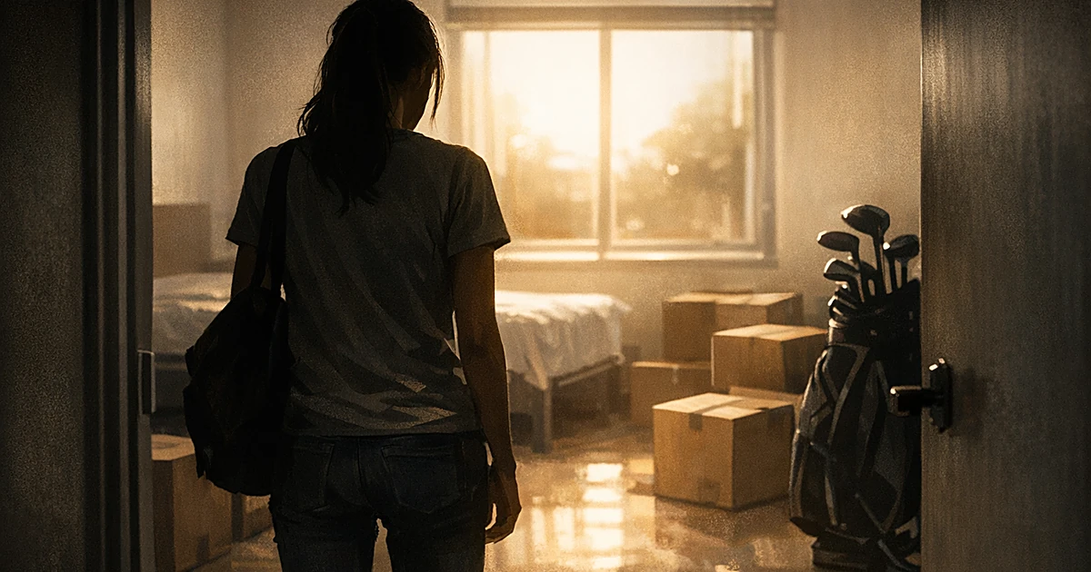 Silhouette of person from behind standing in doorway of empty dorm room with moving boxes and golf bag