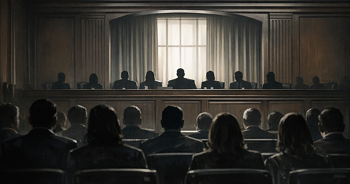 Silhouettes of people in a congressional hearing room, viewed from behind audience members facing a panel desk