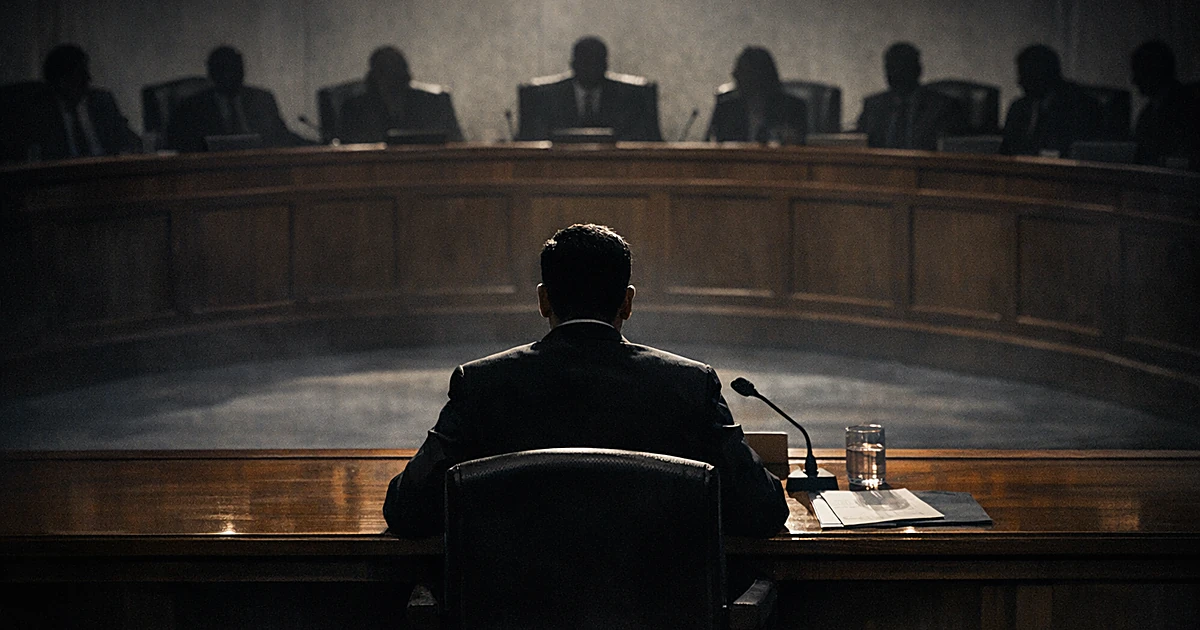 Silhouetted figure at witness table facing panel of senators in congressional hearing room with dramatic lighting