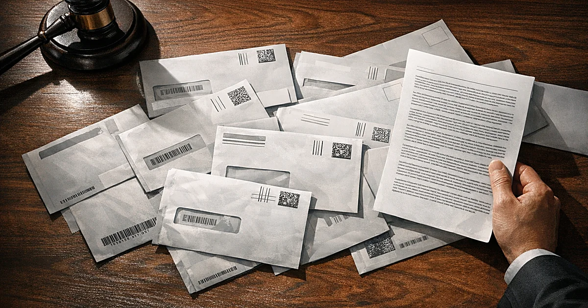 Overhead view of gavel and mail ballot envelopes with barcodes on desk with hand holding document casting shadows
