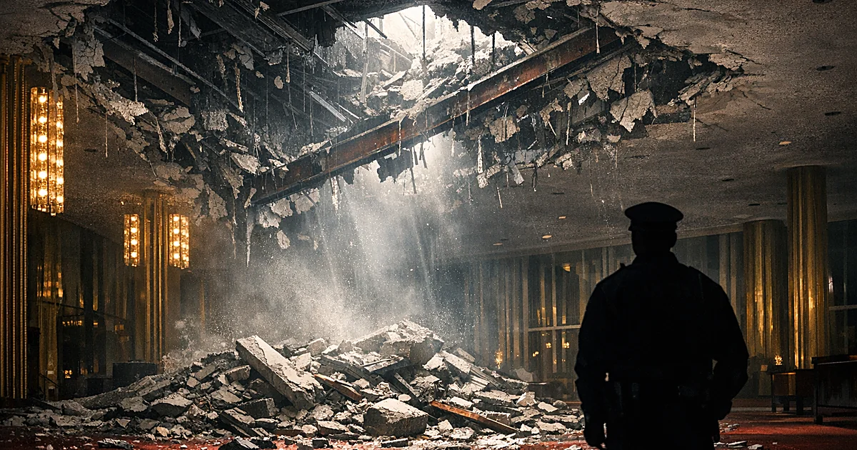 Damaged concert hall ceiling with debris on red carpet and distant security guard silhouette