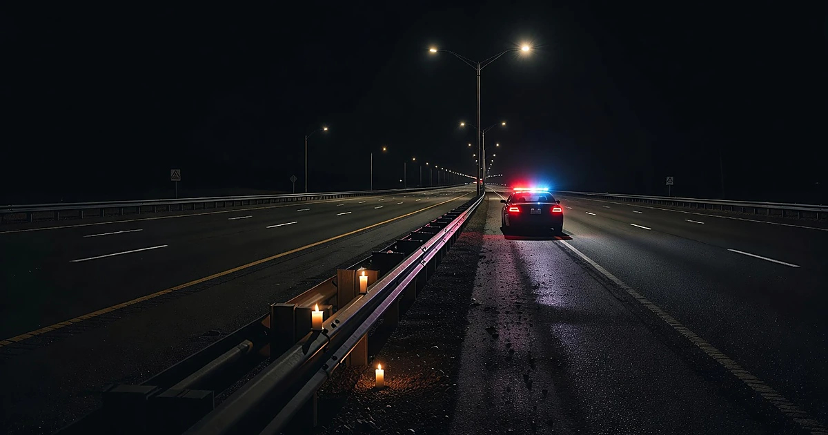 Police cruiser with emergency lights on empty highway shoulder at night with memorial candles on guardrail