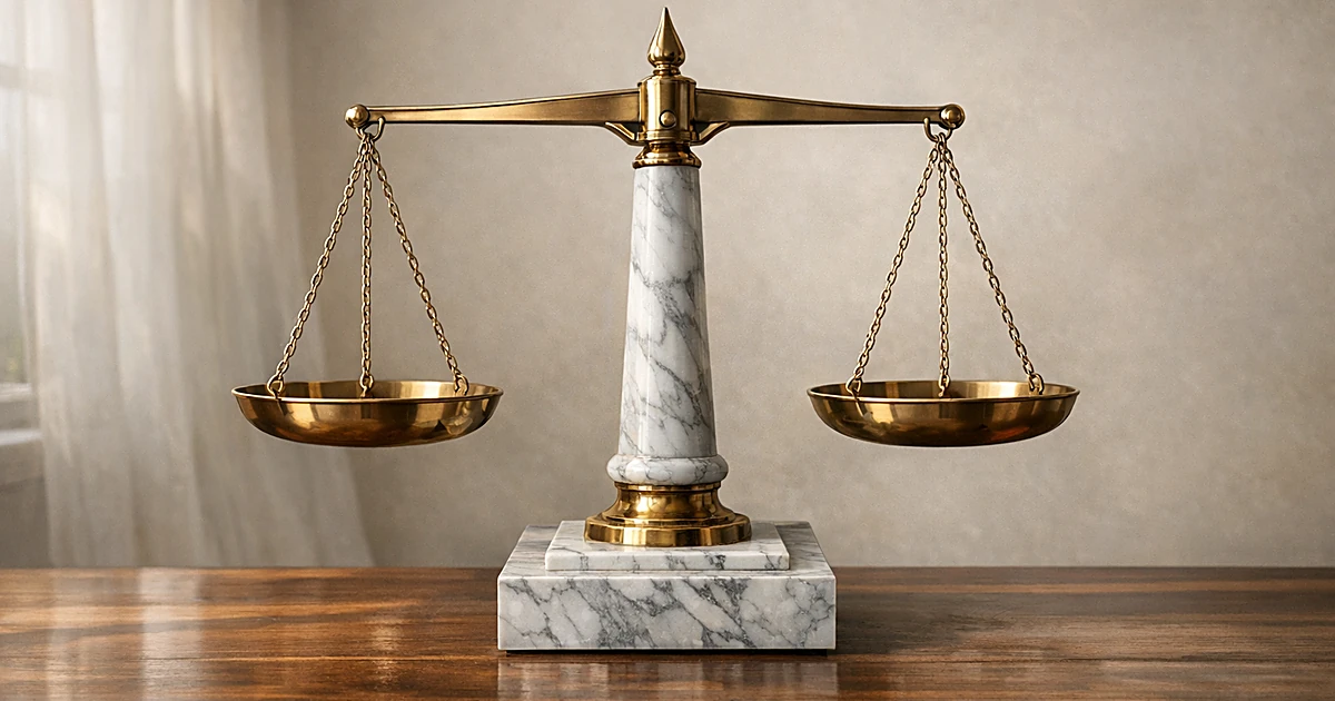 Marble balance scale on wooden surface with soft natural lighting